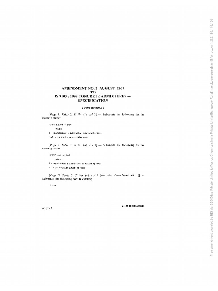 Amendment No. 2 August 2007 To Is 9103-1999 Concrete Admixtures ...