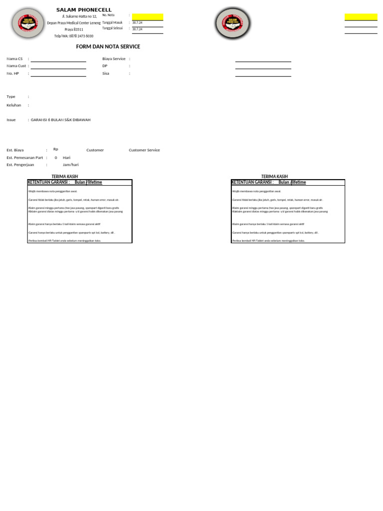 Format Isian Servise | PDF