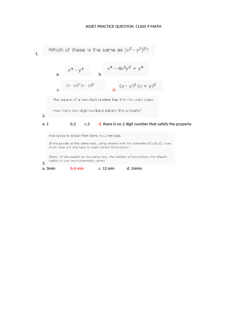 Asset Practice Question Class 9 Math6 | PDF