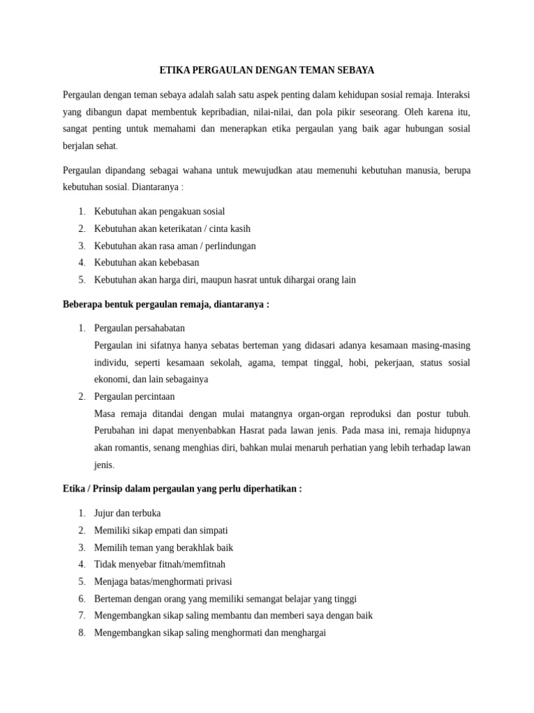 Etika Pergaulan Dengan Teman Sebaya | PDF