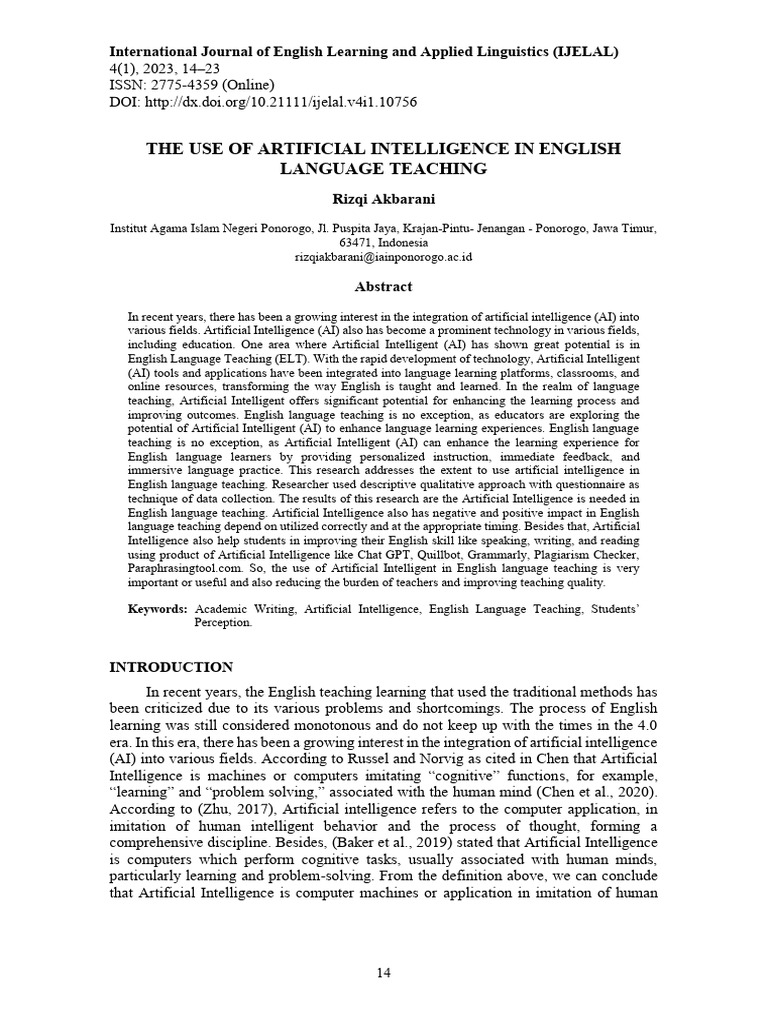 THE USE OF ARTIFICIAL INTELLIGENCE IN ENGLISH Language Teaching | PDF