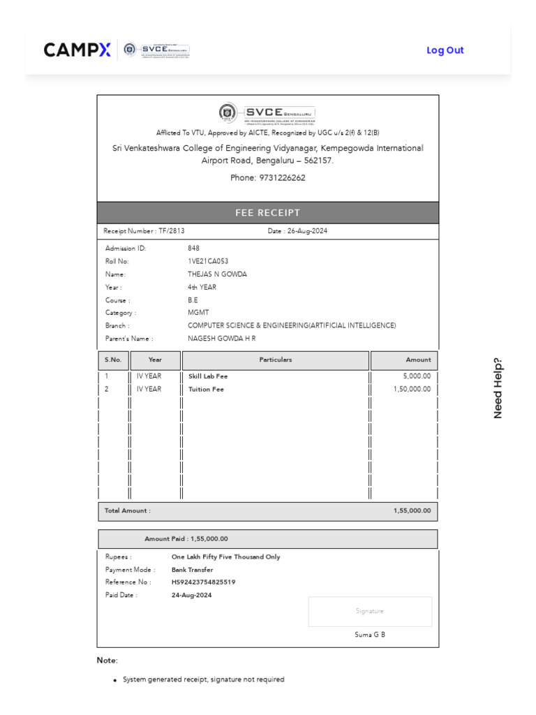 Final Year Fee Receipt | PDF