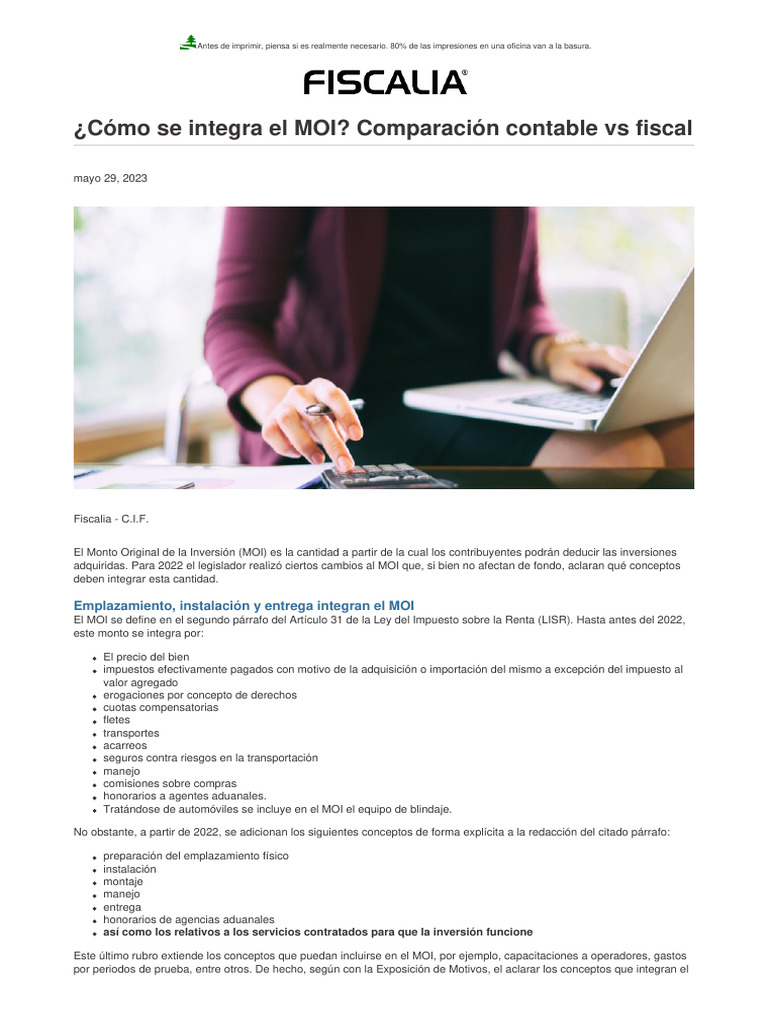 ¿Cómo Se Integra El MOI Comparación Contable Vs Fiscal | PDF