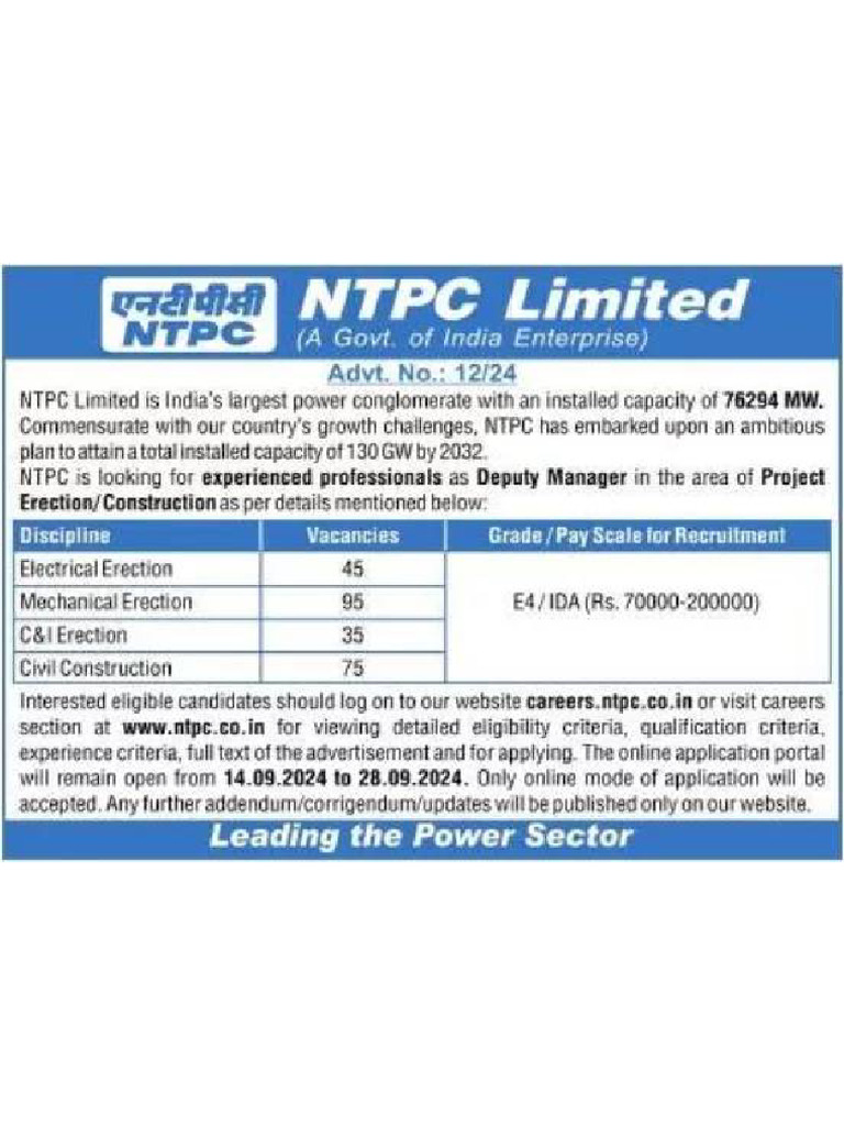Notification NTPC LTD Deputy Manager Posts | PDF