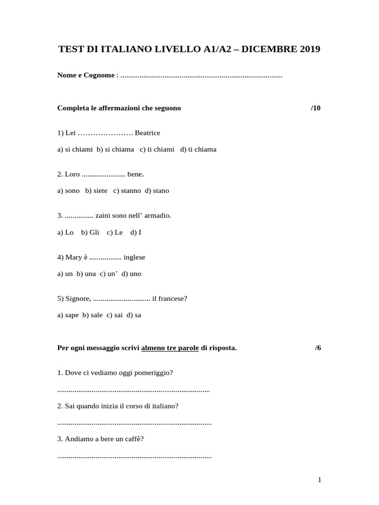 Test Di Italiano Livello A1 | PDF