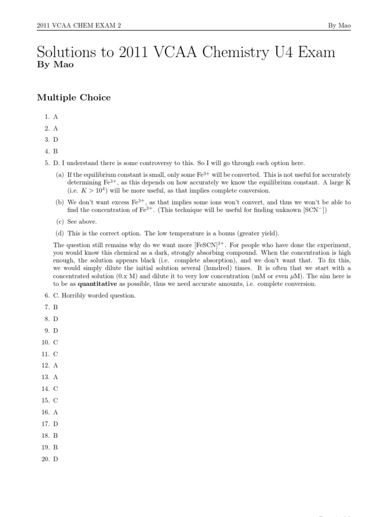 VCAA Chem 2011 U4 Solutions Mao PDF Chemical Equilibrium Chemical Reactions