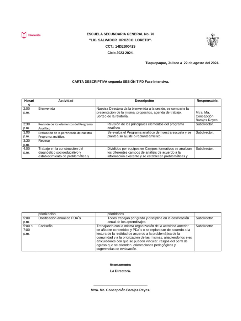 Carta Descriptiva Sesión TIFD 2024 | PDF | Aprendizaje | Crecimiento ...