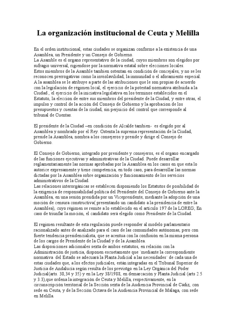 La Organización Institucional de Ceuta y Melilla PDF Gobierno