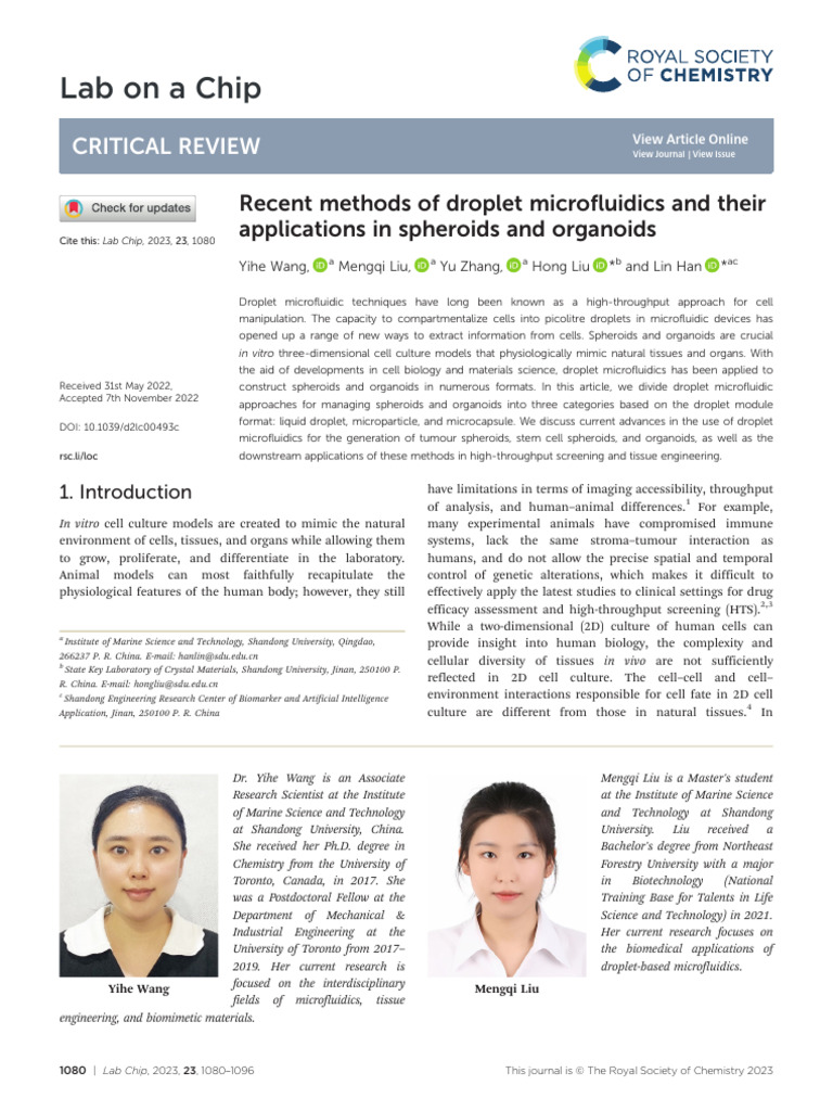 Recent Methods of Droplet Microfluidics and Their Applications in ...