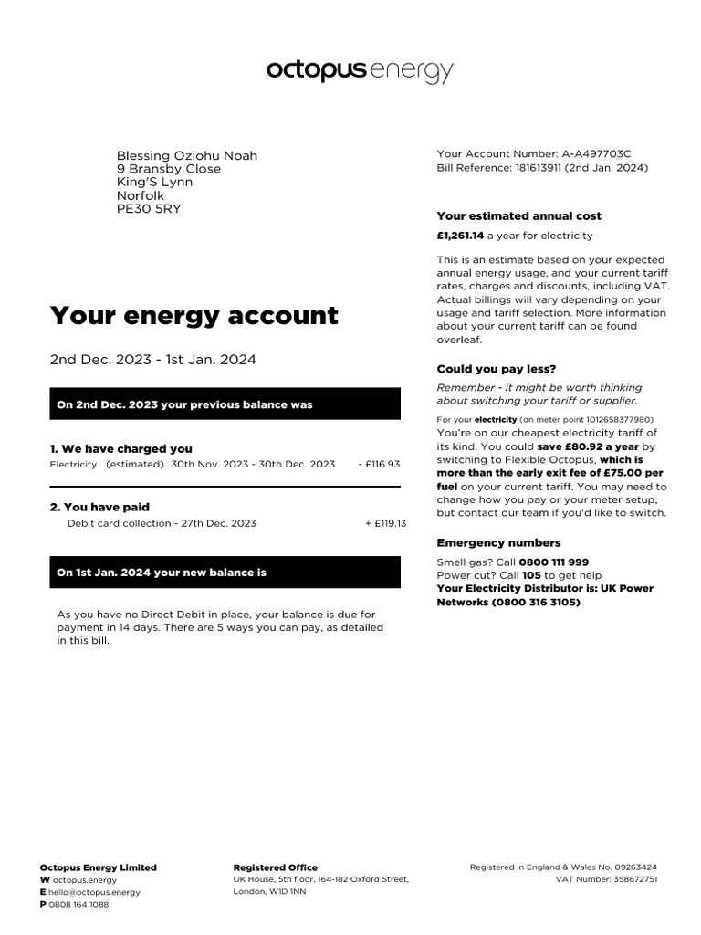 Octopus Energy Billing Statement Details | PDF | Payments | Debit Card