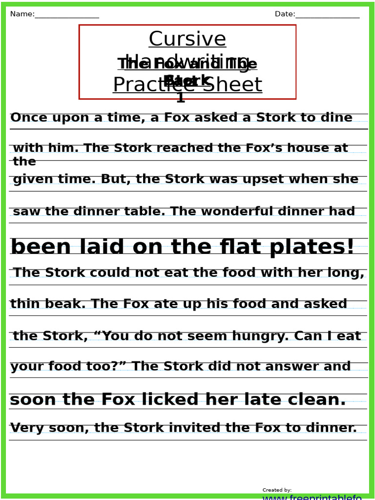 Cursive Handwriting Practice Sheet Story 2 A | PDF