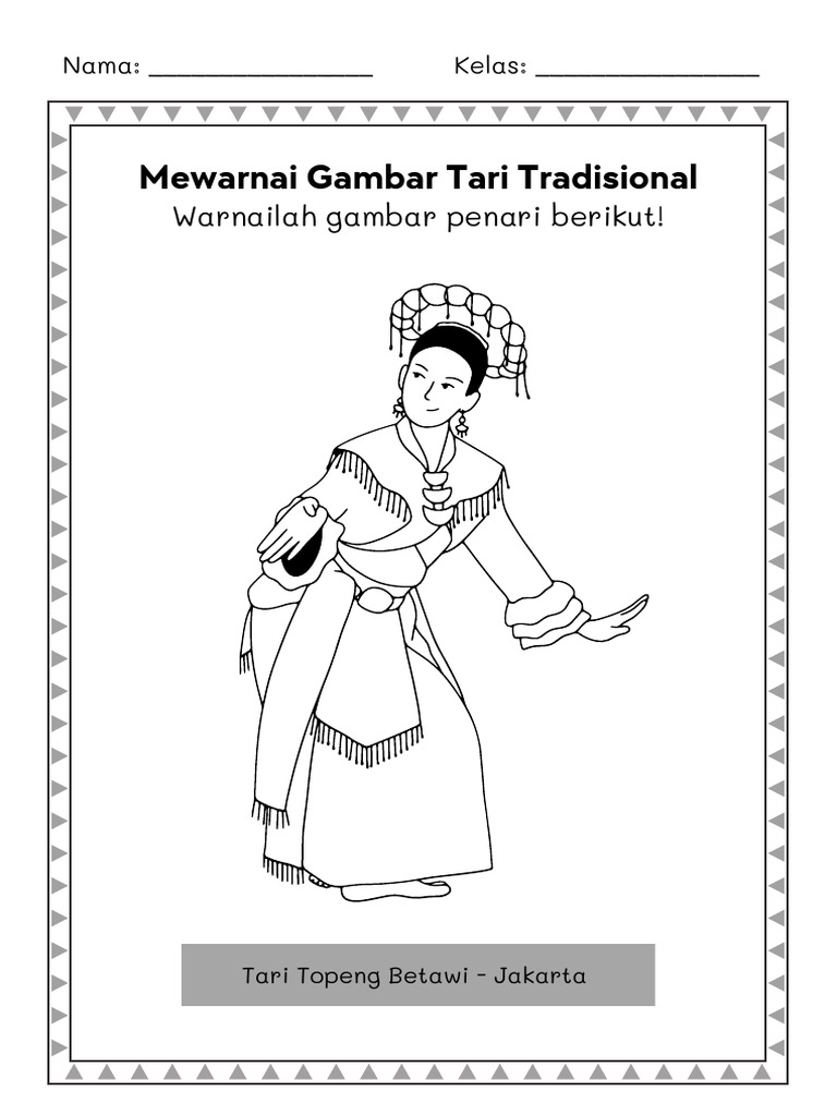 Lembar Kerja Mewarnai Gambar Tari Tradisional Betawi Ilustrasi Hitam