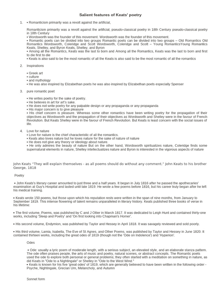 Salient Features of Keats | PDF