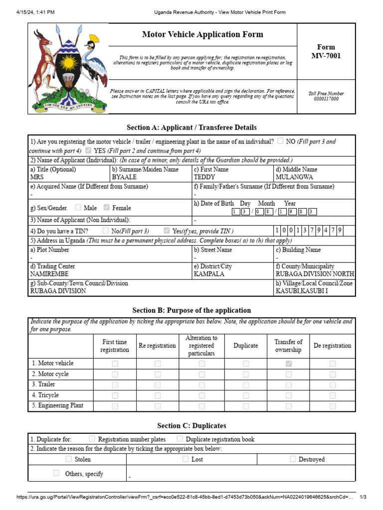 TRANSFER View Motor Vehicle Print Form | PDF