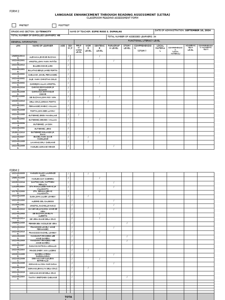 Form 2 - Classroom Reading Assessment Form | PDF