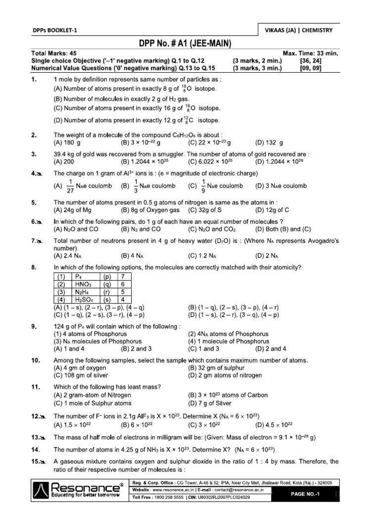 DPP Module 1 (A1-A10) P - I Chemistry | PDF