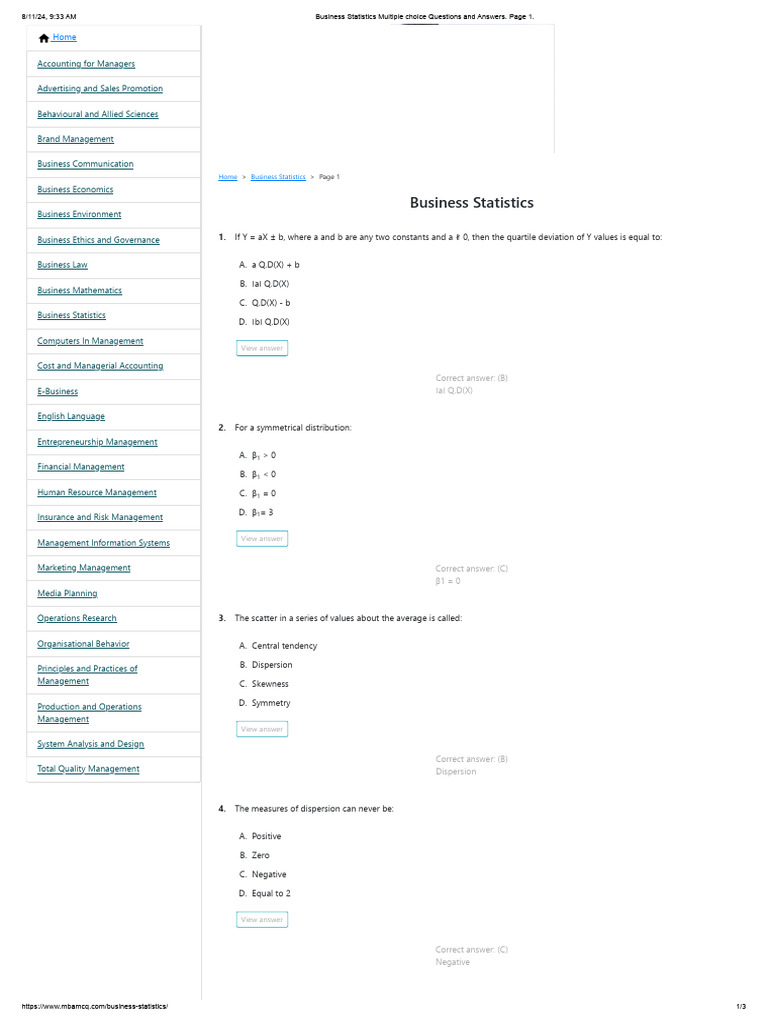 Business Statistics Multiple Choice Questions and Answers. Page 1 | PDF