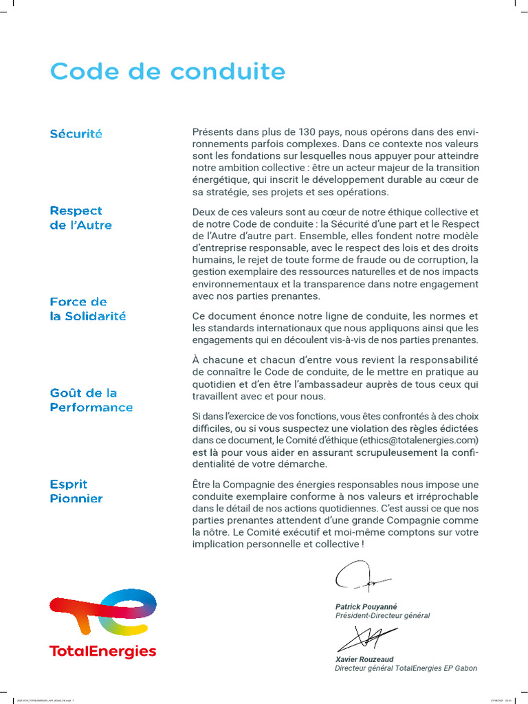 Code de Conduite - Message Du PDG - 202109 - FR - HDV - XR | PDF