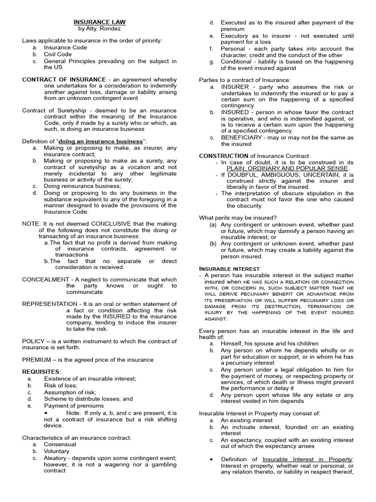 Insurance Law Reviewer Rondez PDF Free | PDF