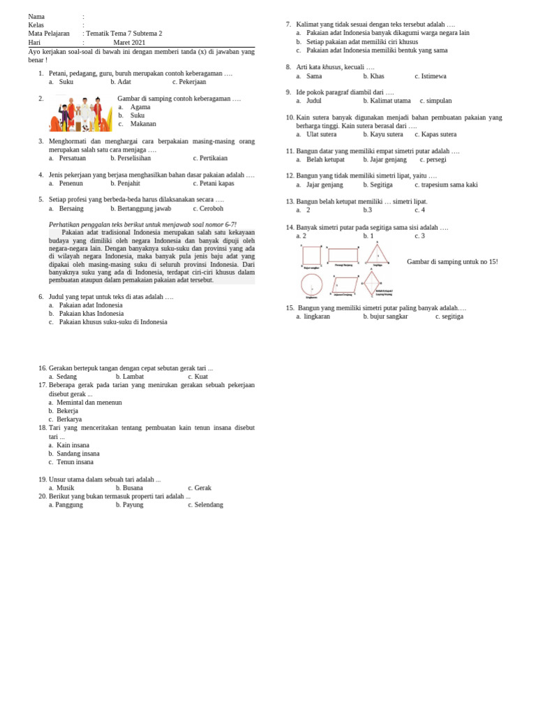 Ulangan Tema 7 Subtema 2 1 Pdf