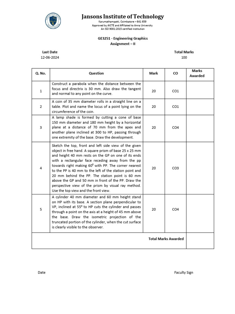 Jansons Institute of Technology: GE3251 Engineering Graphics Assignment ...