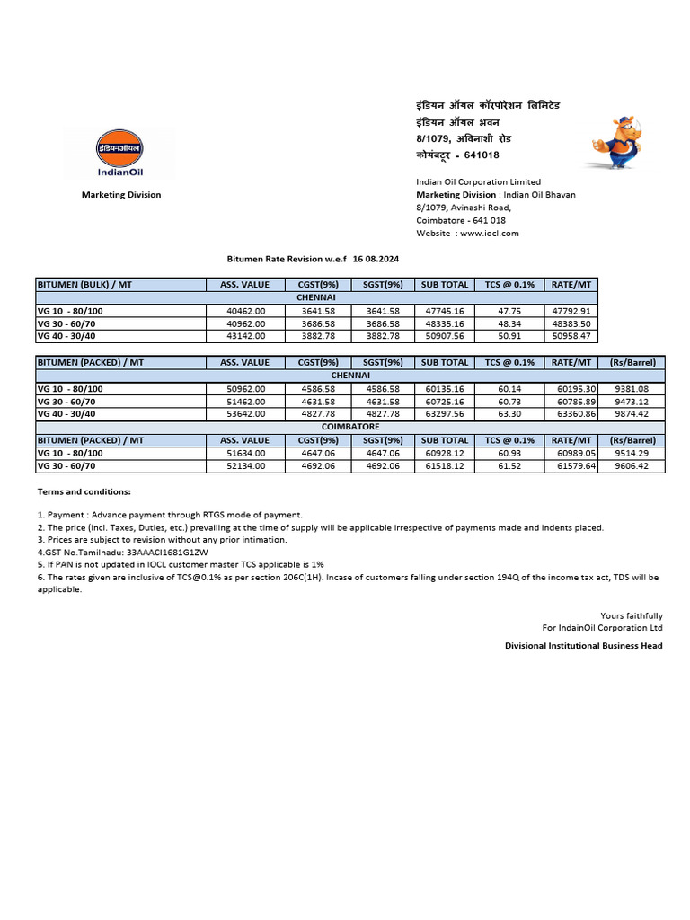Bitumen Rates 16 08 24 | PDF