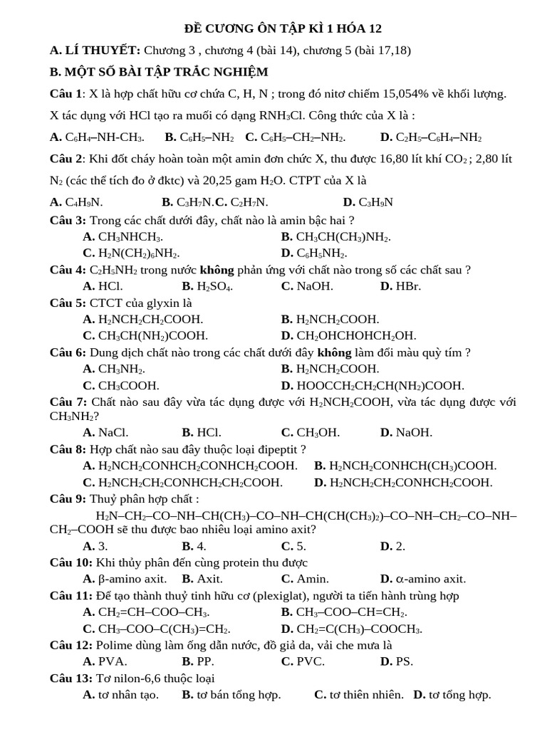 De Cuong On Tap Ki 1 Hoa 12 HS | PDF