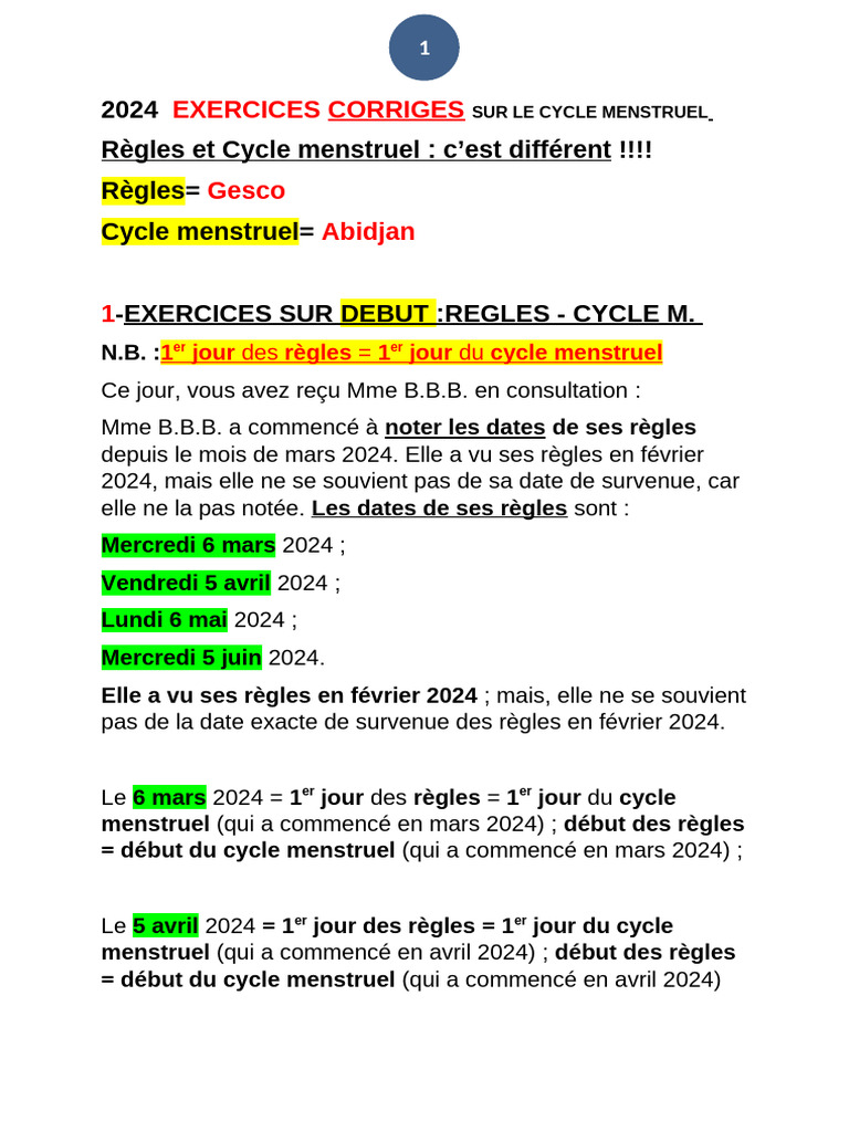 2024 Exercices Corriges Sur Le Cycle Menstruel Pdf