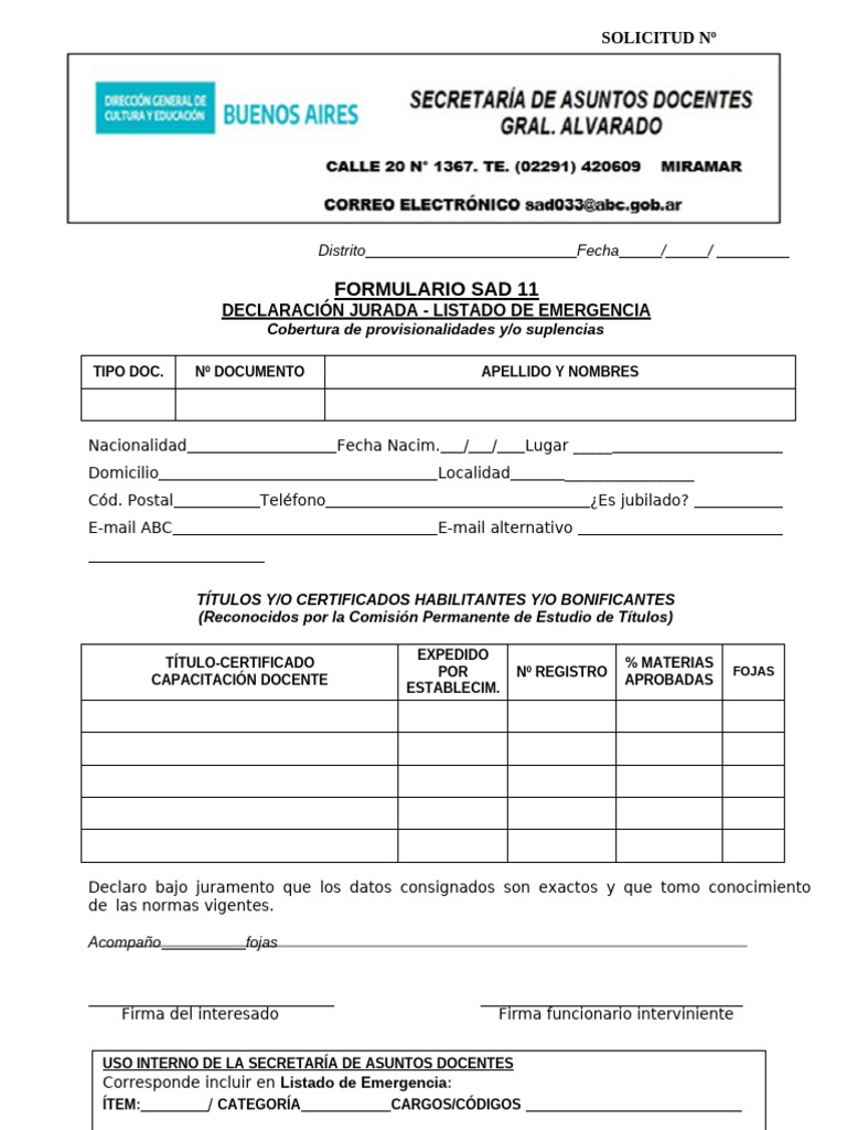 Form SAD 11 Declaracion Jurada EMERGENCIA - 0 | PDF