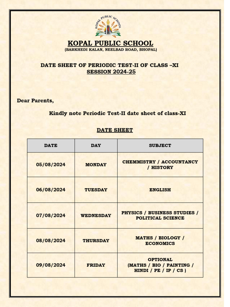 XI Class P.T. - II Time-Table | PDF