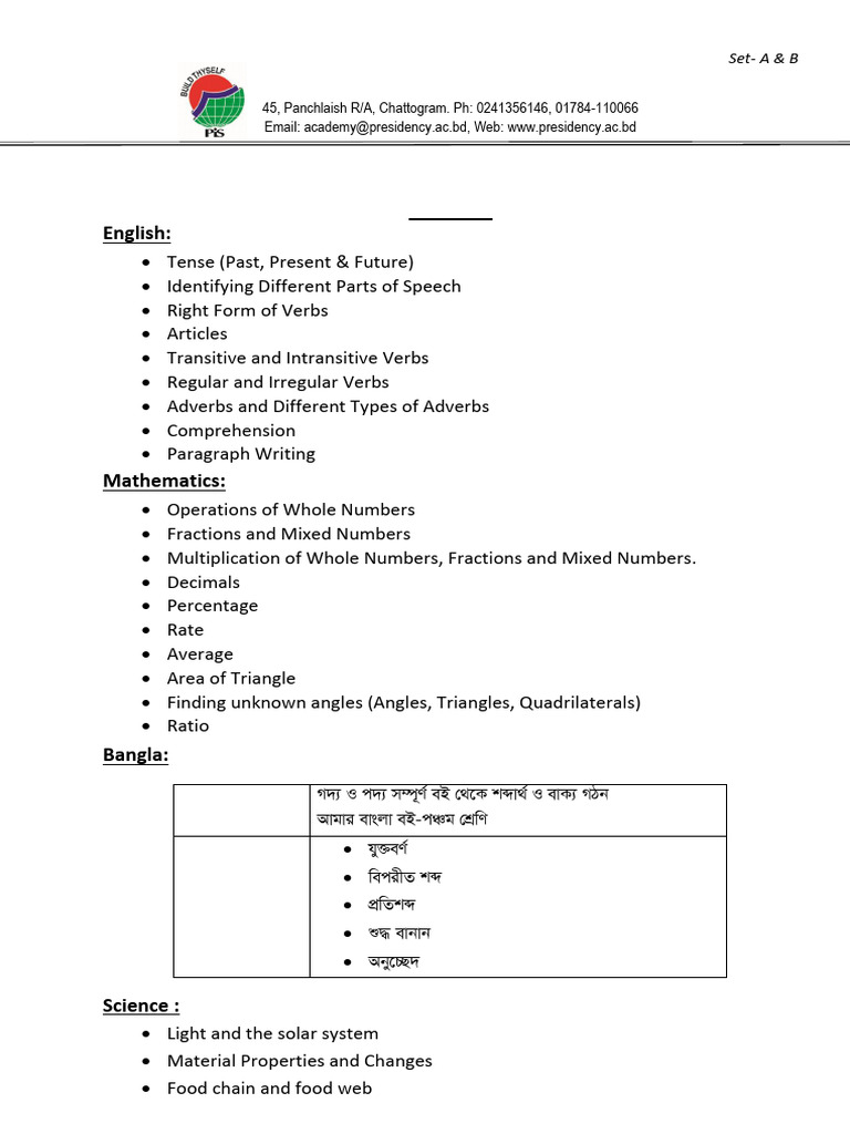 Class 5 set a b math pdf