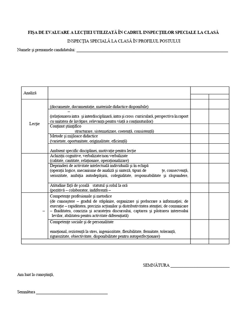 Fisa de Evaluare Inspectie La Clasa | PDF