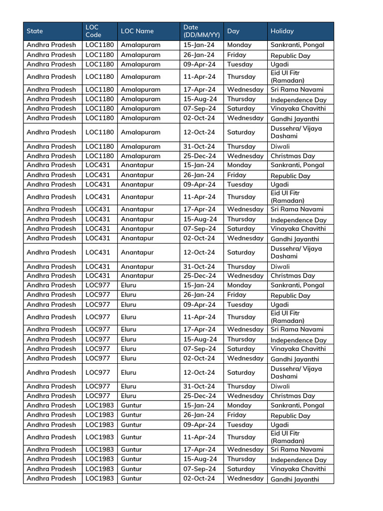 Pan India Holiday List Cy2024 PDF