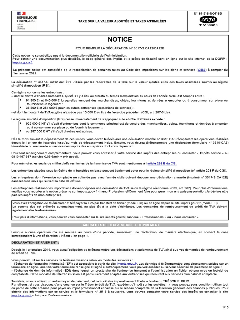 Déclaration n° 3517-S CA12 : Guide TVA | PDF | Facture | Taxe sur la ...
