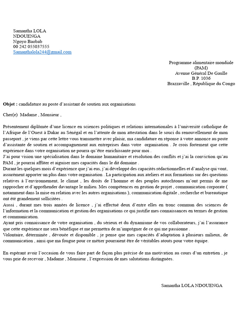 Candidature pour Assistant Humanitaire | PDF | Career & Growth