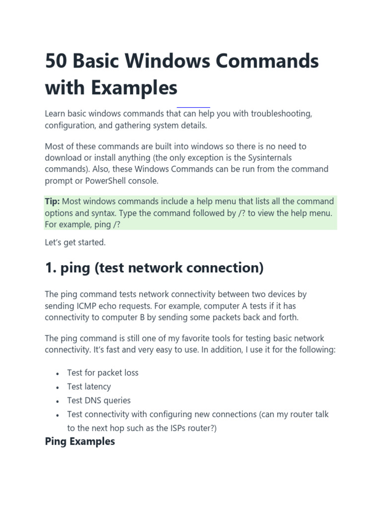 50 Basic Windows Commands with Examples | PDF