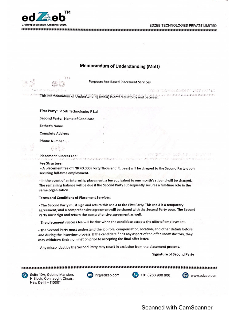 MoU - EdZeb Placement Services | PDF