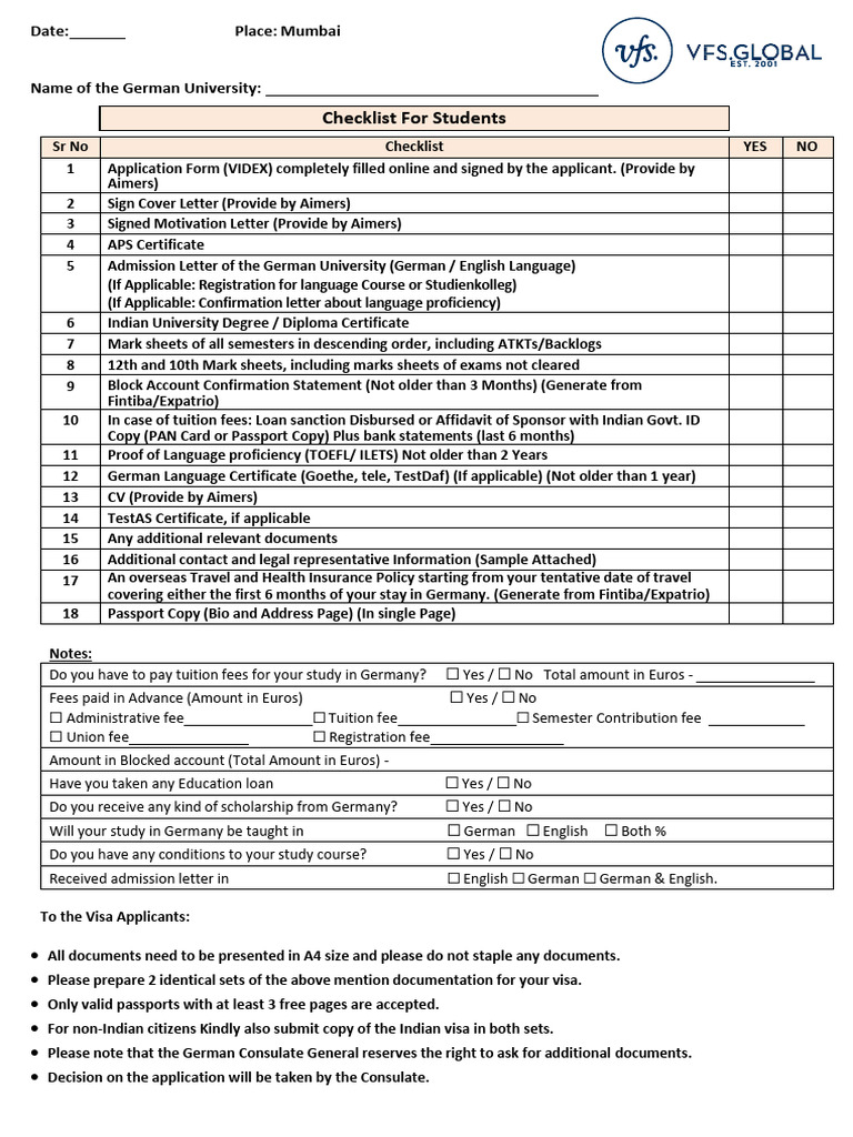 German University Visa Document Checklist | PDF | Travel Visa | Career ...