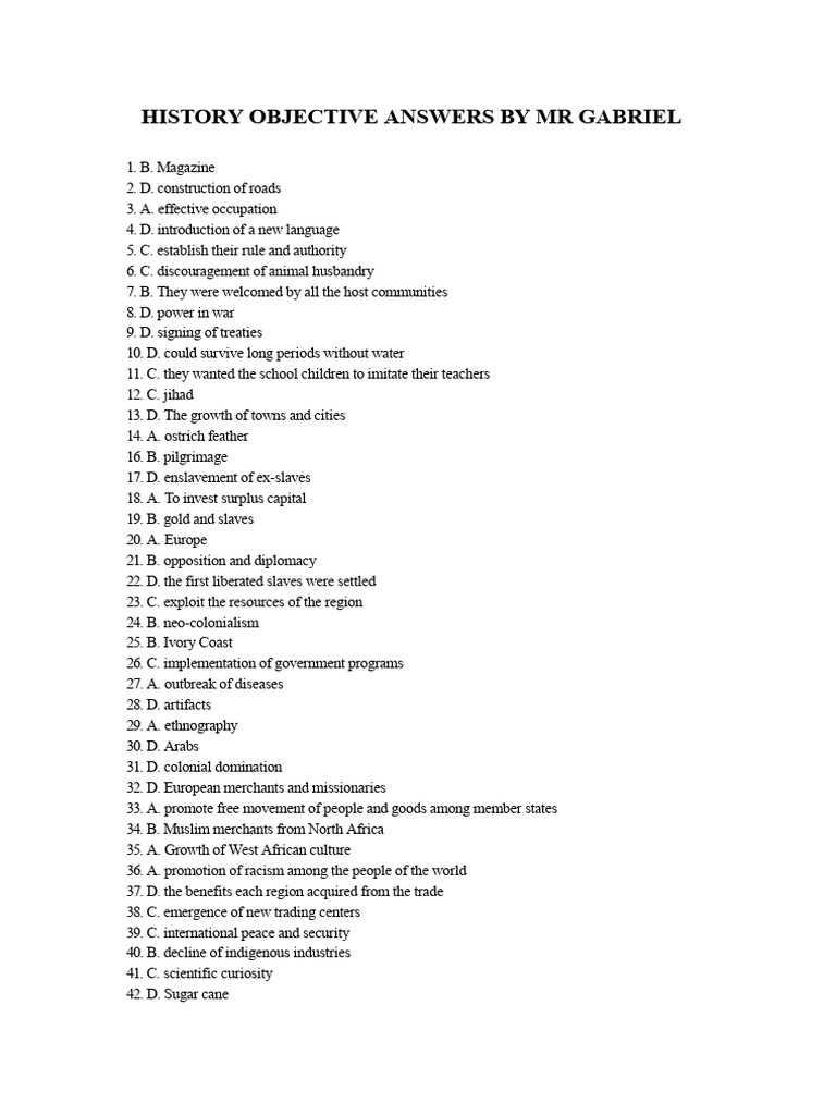 History Objective Answers by MR Gabriel | PDF