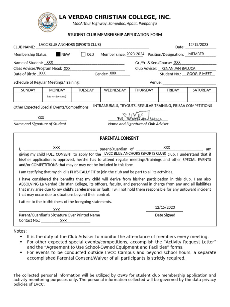 OSAS36 Rev 0 Student Club Application Form 1 2 | PDF