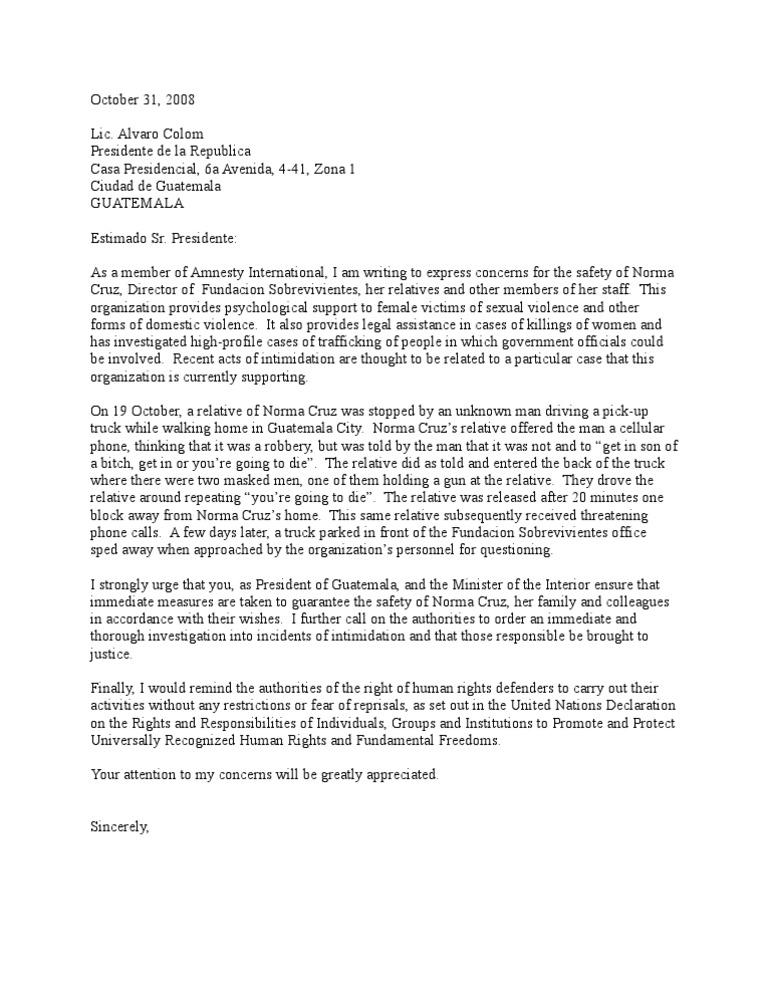 Sample Letter for Urgent Action Norma Cruz
