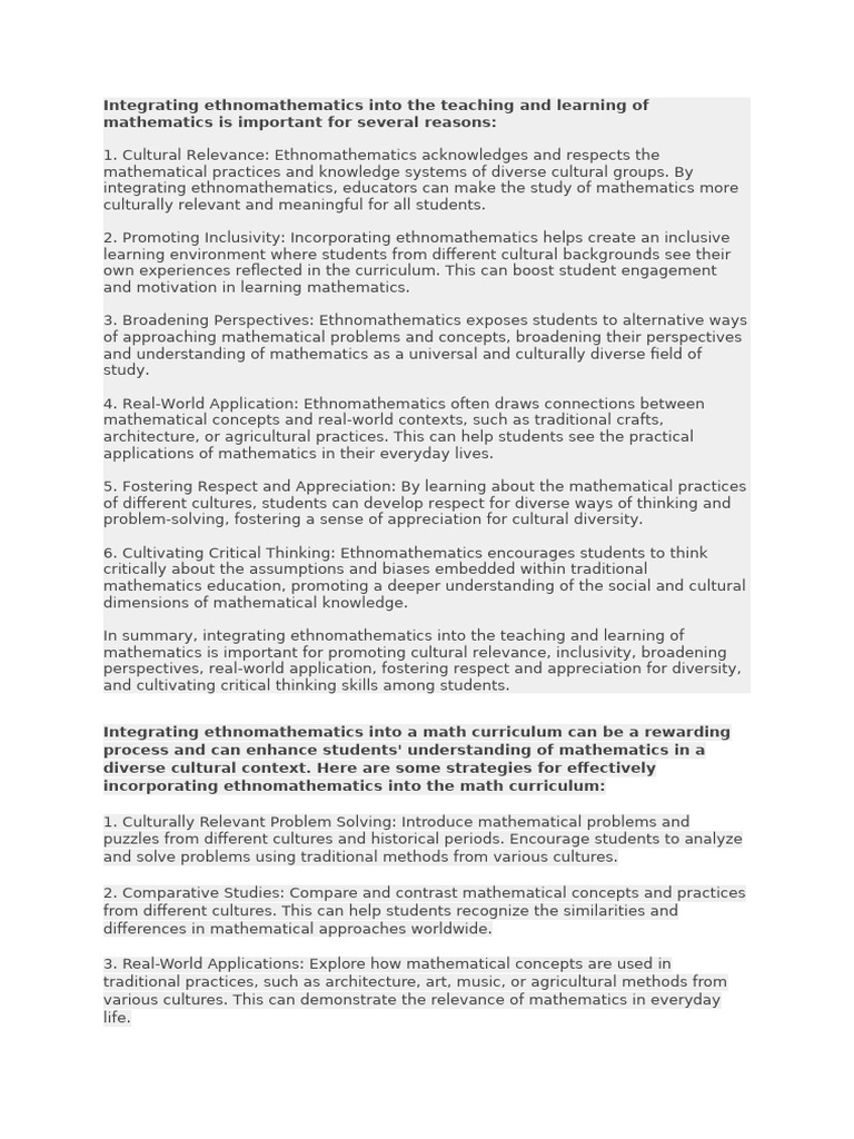 Integrating Ethnomathematics Into The Teaching and Learning of ...