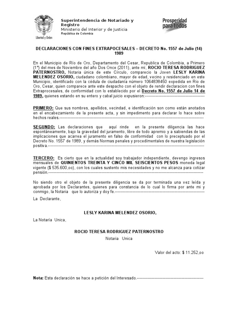 Declaracion Extrajuicio Nuevo Formato