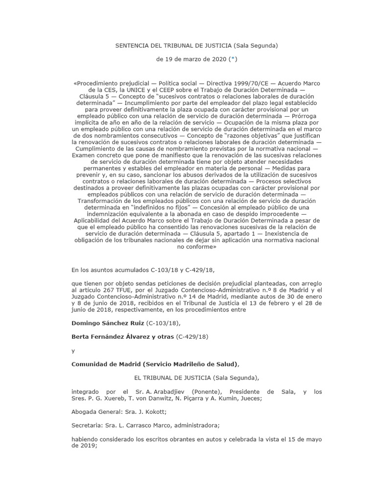 Sentencia-Tjue 19 Marzo 2020 | PDF | Derecho laboral | Ley de la Unión