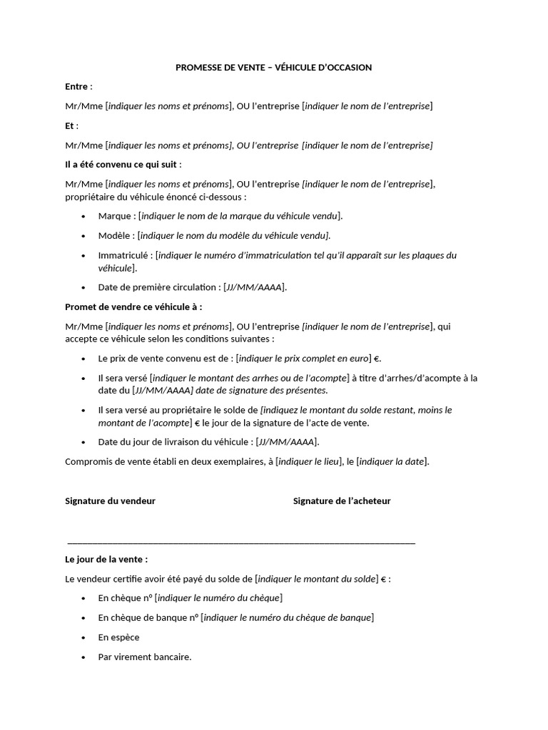 Annexe Promesse De Vente Dune Voiture Mod le Word Gratuit PDF