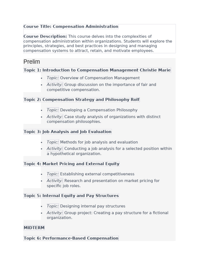 Compensation Administration Course Overview | PDF | Executive ...