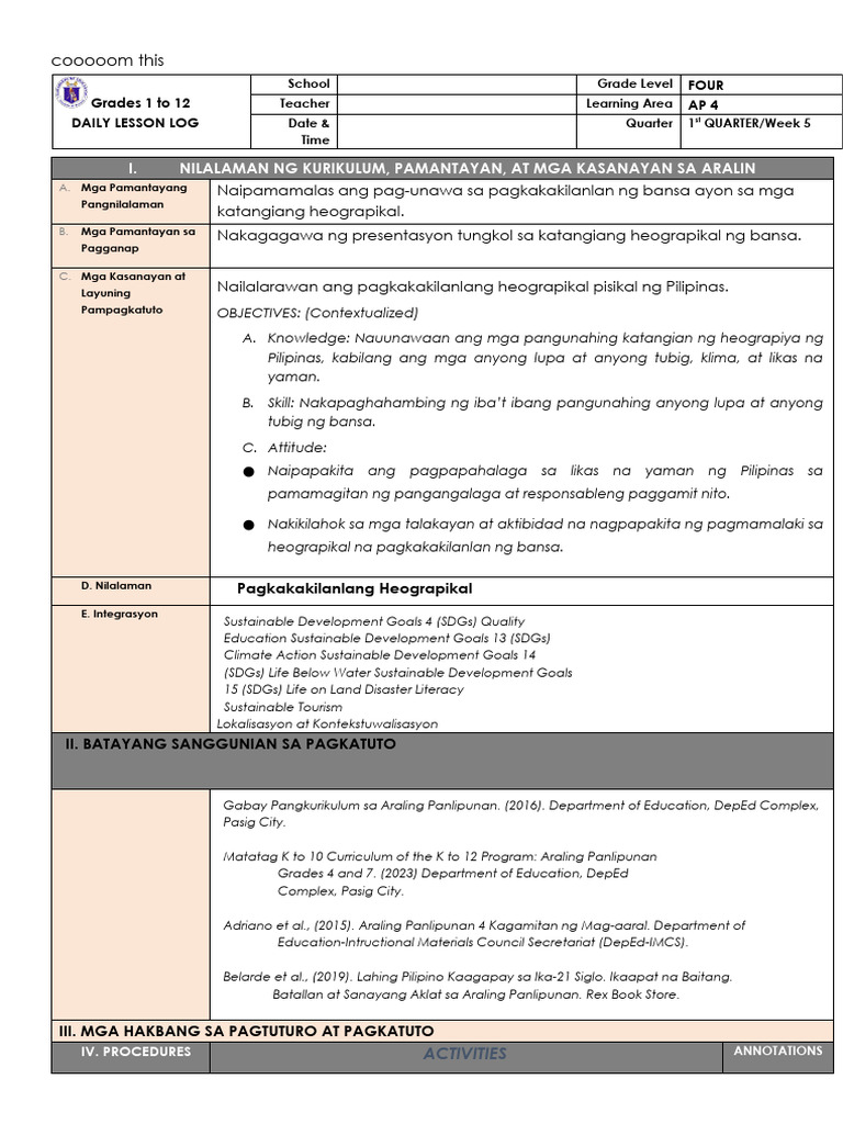 Grade 4 Lesson Plan: Heograpiya ng Pilipinas | PDF | Learning | Curriculum