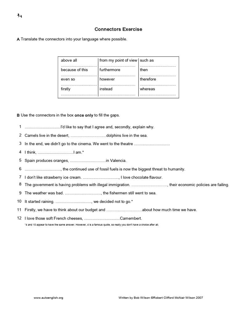 Connectors Exercise at Auto-English | PDF