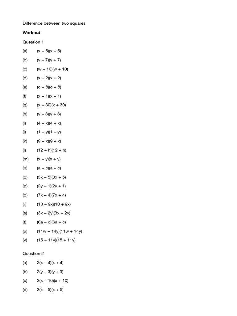 Difference of Two Squares Exercises | PDF