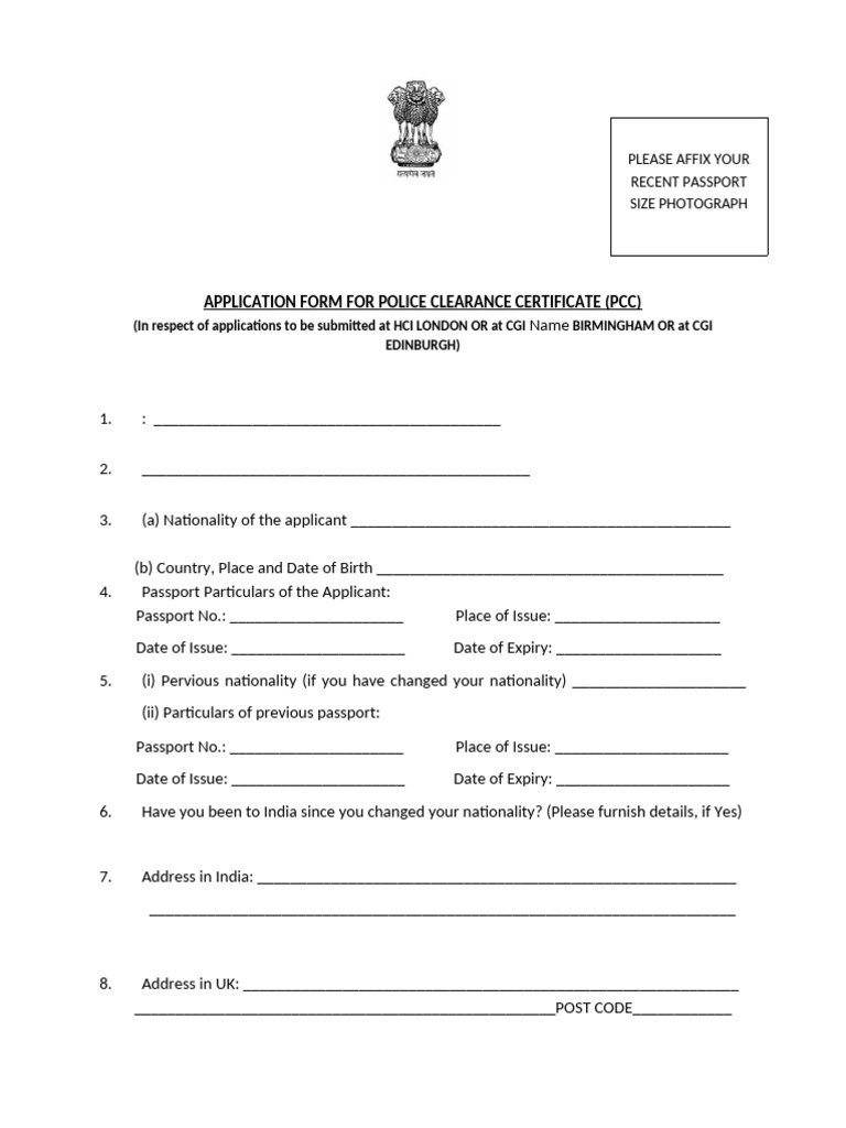 Application Form For Police Clearance Certificate Pcc Pdf